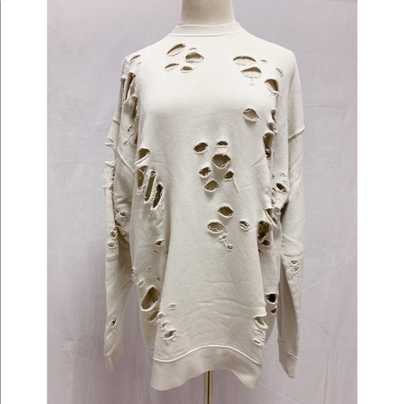 R13 Super Distressed Oversized Crewneck Dirty White Size L